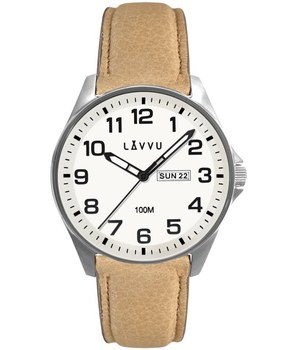 LAVVU Ocelové pánské hodinky BERGEN White / Top Grain Leather se svítícím číselníkem