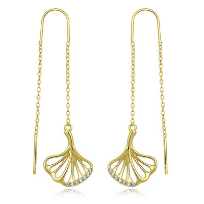 MINET Závěsné pozlacené stříbrné 925/100 náušnice listy ginkgo s bílými zirkony JMAS0354GE01