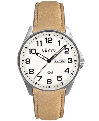 LAVVU Ocelové pánské hodinky BERGEN White / Top Grain Leather se svítícím číselníkem