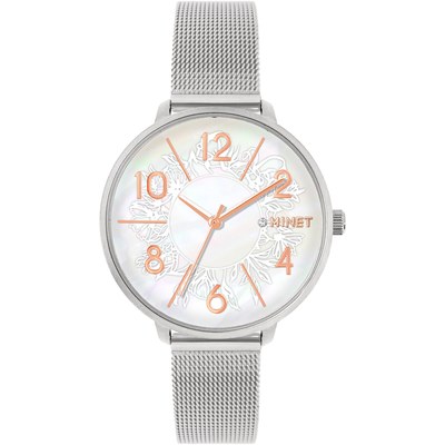 MINET Stříbrné dámské hodinky PRAGUE Silver Flower Mesh s čísly MWL5203