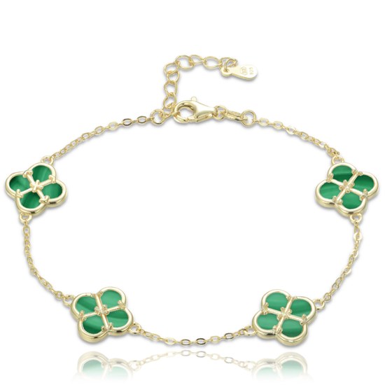 MINET Pozlacený stříbrný náramek čtyřlístky s malachitem