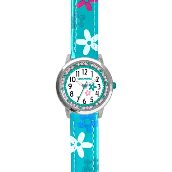CLOCKODILE Tyrkysové dívčí dětské hodinky s kamínky a kytičkami