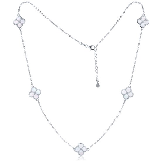 MINET Stříbrný náhrdelník čtyřlístky s bílou perletí