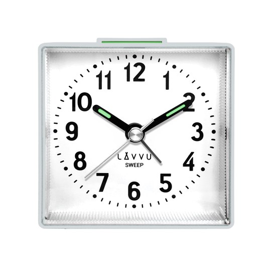 LAVVU LAS3017 - Stříbřitě-modrý budík SWEEP s plynulým chodem - 3 ROKY ZÁRUKA!