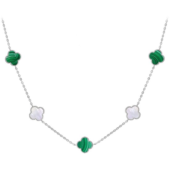 MINET Stříbrný náhrdelník ČTYŘLÍSTKY s bílou perletí a malachitem Ag 925/1000 12,50g