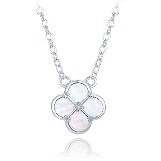 MINET Stříbrný náhrdelník čtyřlístek s bílou perletí