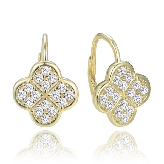 MINET Pozlacené stříbrné náušnice čtyřlístky s bílými zirkony