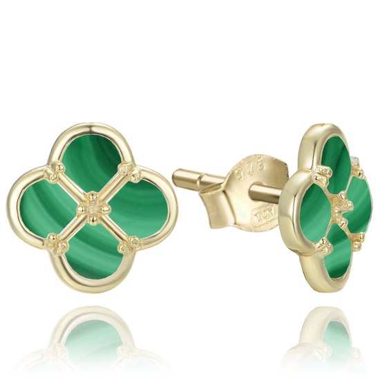 MINET Pozlacené stříbrné náušnice čtyřlístky s malachitem