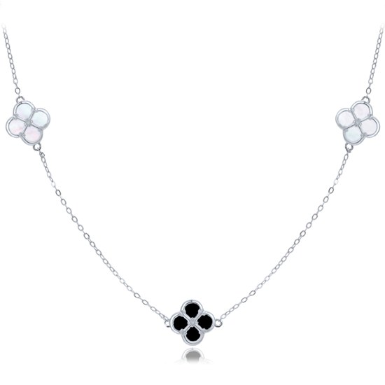 MINET Pozlacený stříbrný náhrdelník čtyřlístky s bílou a černou perletí