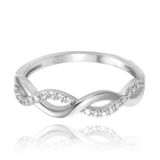 MINET Překřížený stříbrný prsten s bílým zirkonem