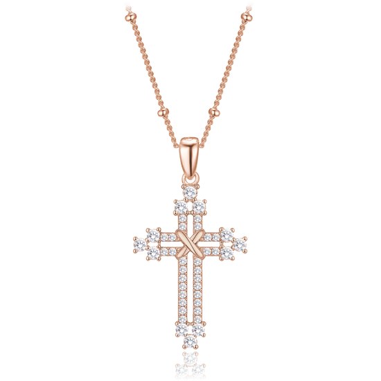 MINET Rose gold stříbrný náhrdelník křížek se zirkony a řetízek s kuličkami