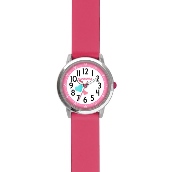 CLOCKODILE Růžové dívčí dětské hodinky se srdíčky a tmavě růžovým silikonovým řemínkem