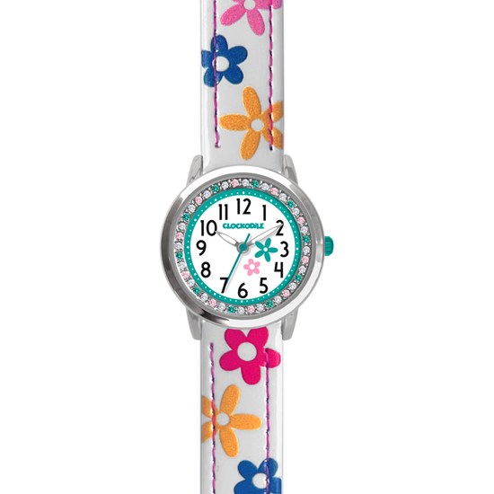 CLOCKODILE Bílé dívčí dětské hodinky s kamínky a kytičkami