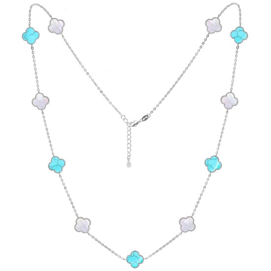 MINET Stříbrný náhrdelník ČTYŘLÍSTKY s bílou perletí a tyrkysem Ag 925/1000 12,55g