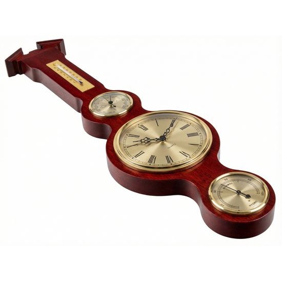 Barometr s teploměrem vlhkoměrem a hodinami na dřevěné podložce B204983