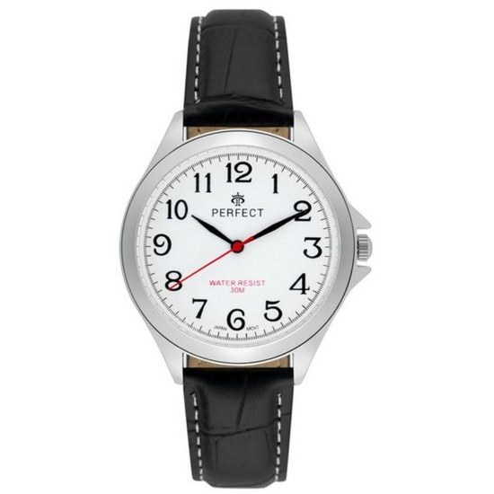 HODINKY PERFECT PÁNSKÉ C412-B-02 STŘÍBRNÝ KRYT, BÍLÝ ČÍSELNÍK, ČERNÝ PÁSEK