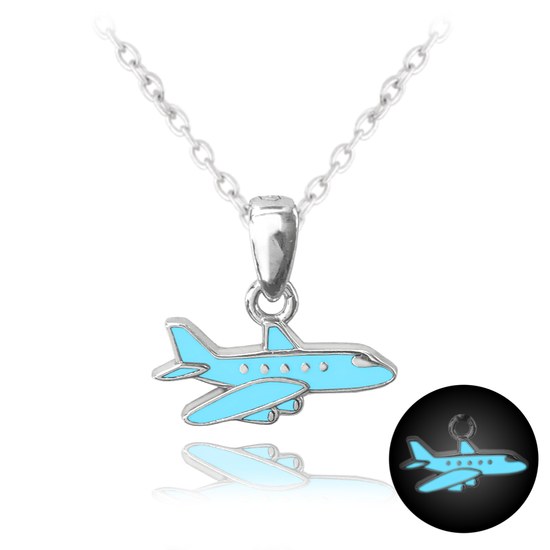 MINET Svítící modrý dětský stříbrný náhrdelník LETADLO