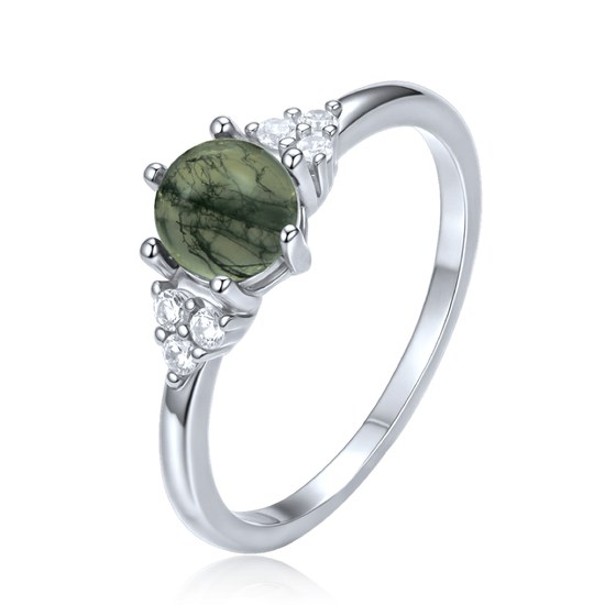 MINET Elegantní stříbrný 925/1000 prsten s mechovým achátem a zirkonem JMAS0318ZR