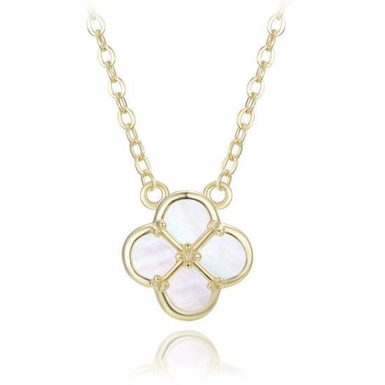 MINET Pozlacený stříbrný náhrdelník čtyřlístek s bílou perletí