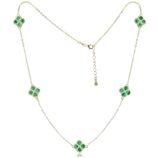 MINET Pozlacený stříbrný náhrdelník čtyřlístky s malachitem