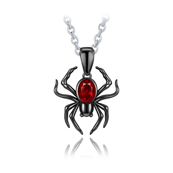 MINET Moderní stříbrný černý náhrdelník pavouk s červeným zirkonem