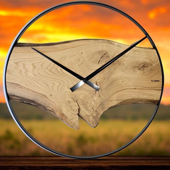 KUBRi 1004A-LE - Robustní hodiny z masivního dubu s kovovým rámem o průměru 70 cm