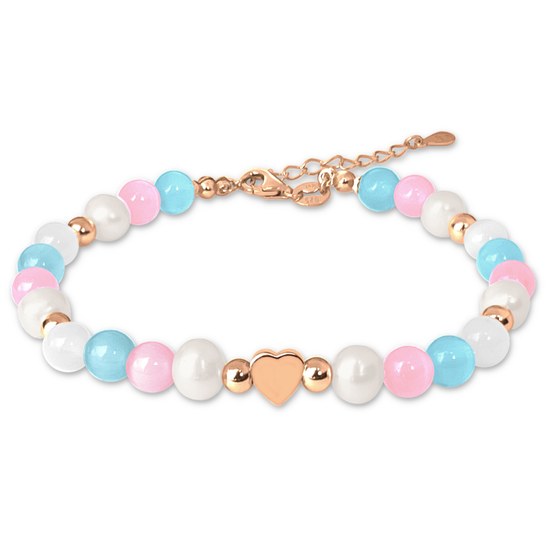 MINET Rose gold stříbrný náramek s přírodními perlami a barevnými kuličkami