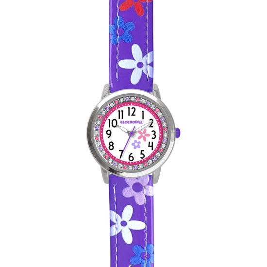 CLOCKODILE Fialové dívčí dětské hodinky s kamínky a kytičkami
