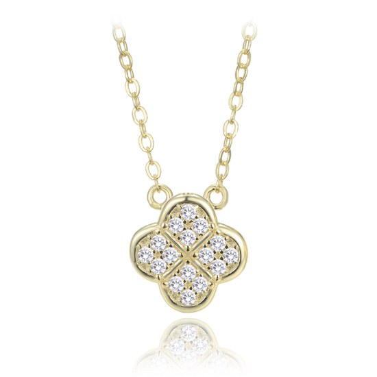 MINET Pozlacený stříbrný náhrdelník čtyřlístek s bílými zirkony