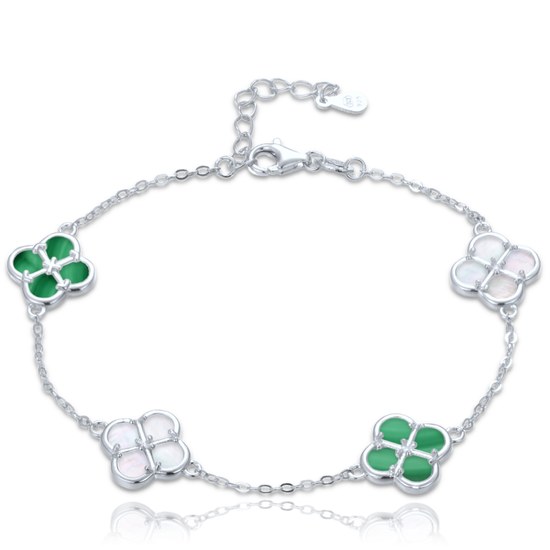 MINET Stříbrný náramek čtyřlístky s bílou perletí a malachitem