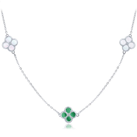 MINET Pozlacený stříbrný náhrdelník čtyřlístky s bílou perletí a malachitem