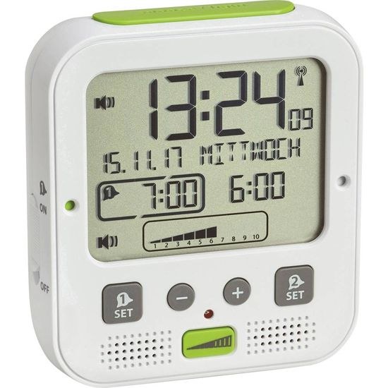 Rádiově řízený budík s vibrační jednotkou a extra hlasitým zvoněním TFA 60.2538.02 BOOM