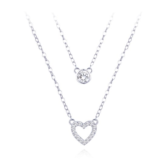 MINET Dvojitý stříbrný náhrdelník se srdcem a bílými zirkony