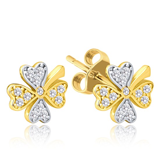 MINET Zlaté náušnice čtyřlístky s bílými zirkony Au 585/1000 1,70g