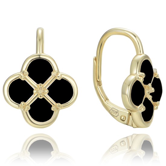 MINET Pozlacené stříbrné náušnice čtyřlístky s černou perletí