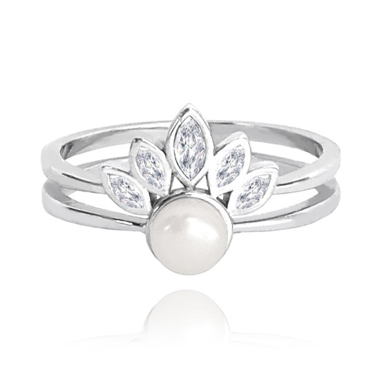 MINET Stříbrný prsten s perlou a bílými zirkony vel. 51