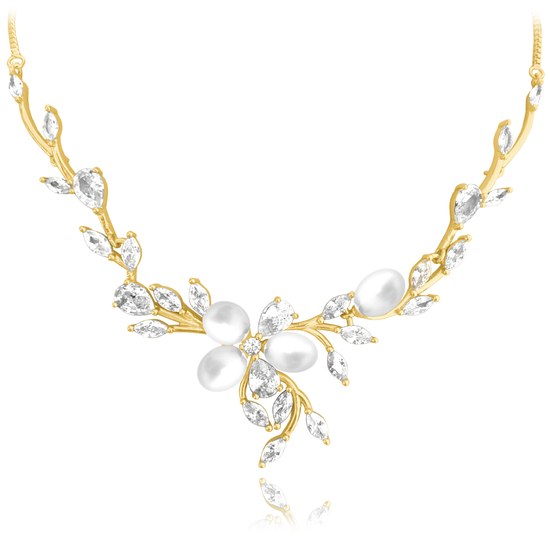 MINET Zdobný pozlacený stříbrný náhrdelník přírodní perly s bílými zirkony - Ag 925/1000 15,80g
