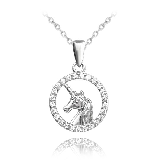 MINET Třpytivý dětský stříbrný náhrdelník JEDNOROŽEC s bílými zirkony