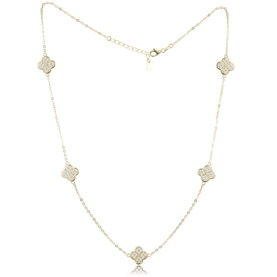MINET Pozlacený stříbrný náhrdelník čtyřlístky s bílými zirkony