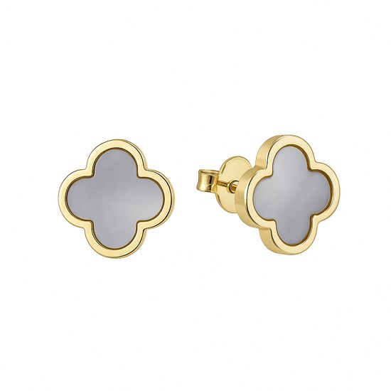 Zlaté 585/1000 náušnice čtyřlístek s perletí puzetové