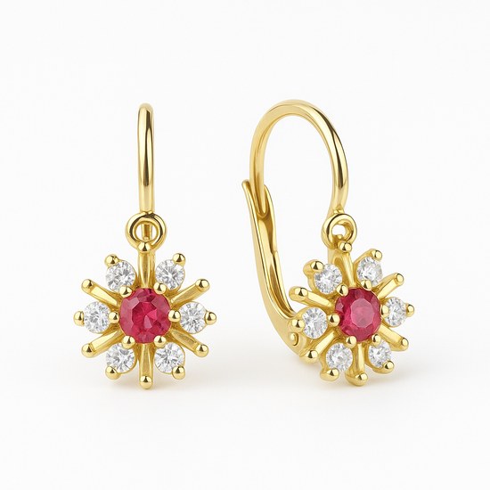 Zlaté naušnice kytičky bílé s červeným středem brizura