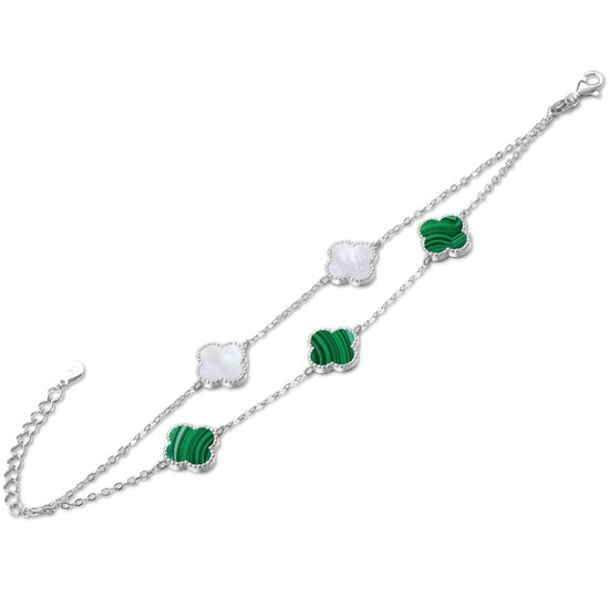 MINET Stříbrný náramek ČTYŘLÍSTKY s bílou perletí a malachitem