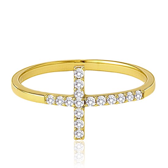 MINET Zlatý prsten křížek s bílými zirkony Au 585/1000 JMG0028WGR