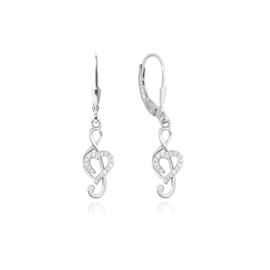 MINET Stříbrné náušnice HOUSLOVÝ KLÍČ s bílými zirkony