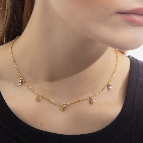 Victoria Cruz A4502-MDG - stříbrný náhrdelník s barevnými kameny - pozlacený