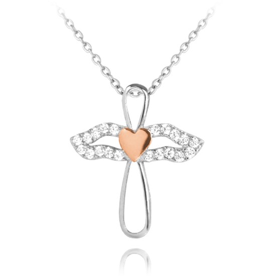 MINET Třpytivý stříbrný náhrdelník ANDĚL s růžovým srdíčkem
