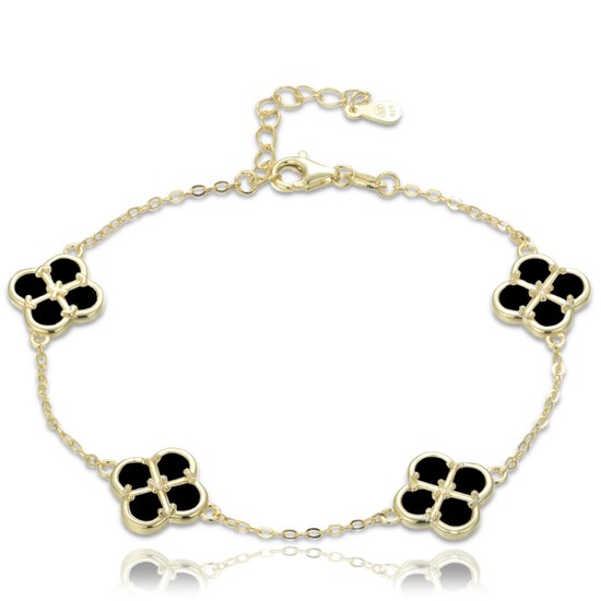 MINET Pozlacený stříbrný náramek čtyřlístky s černou perletí
