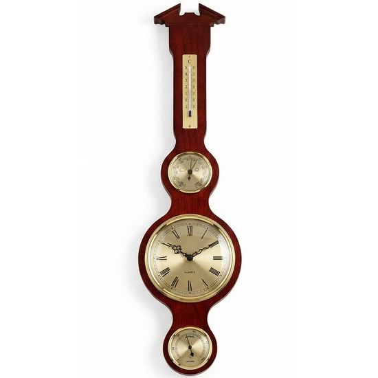 Barometr s teploměrem vlhkoměrem a hodinami na dřevěné podložce B204983