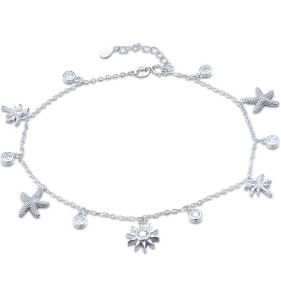 MINET Stříbrný řetízek na kotník s hvězdicemi, palmami, sluncem a bílými zirkony