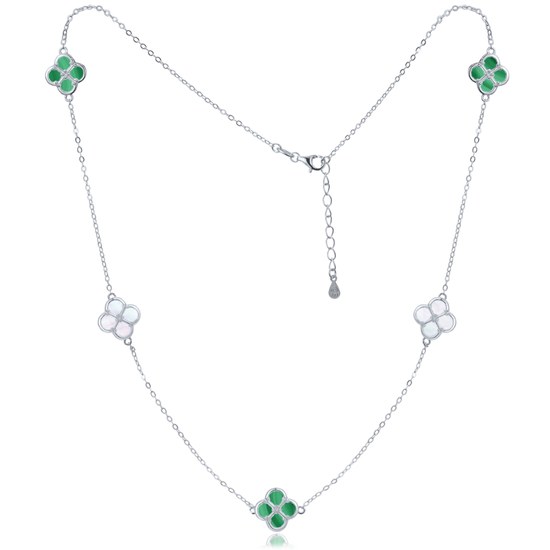 MINET Pozlacený stříbrný náhrdelník čtyřlístky s bílou perletí a malachitem